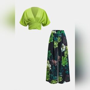 NWT MICAS SET! Elegant Floral Wide Leg Pants With Matching Cropped Top, Large